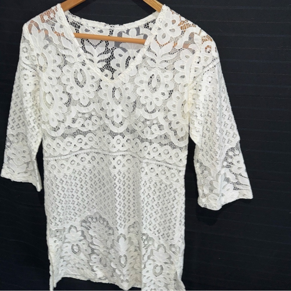 Open Crochet Lace Ivory Dress Beach Coverup V Neck Boho Hippie Festival - Picture 2 of 10
